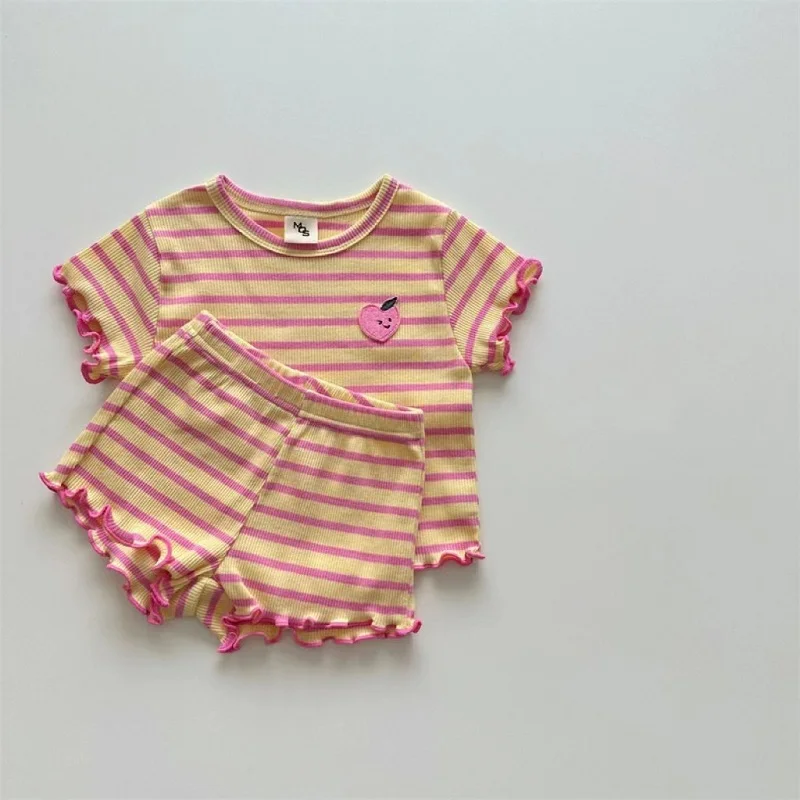 Baby clothes striped girl short sleeved T-shirt and shorts set fruit print summer short sleeved top and pants children's set