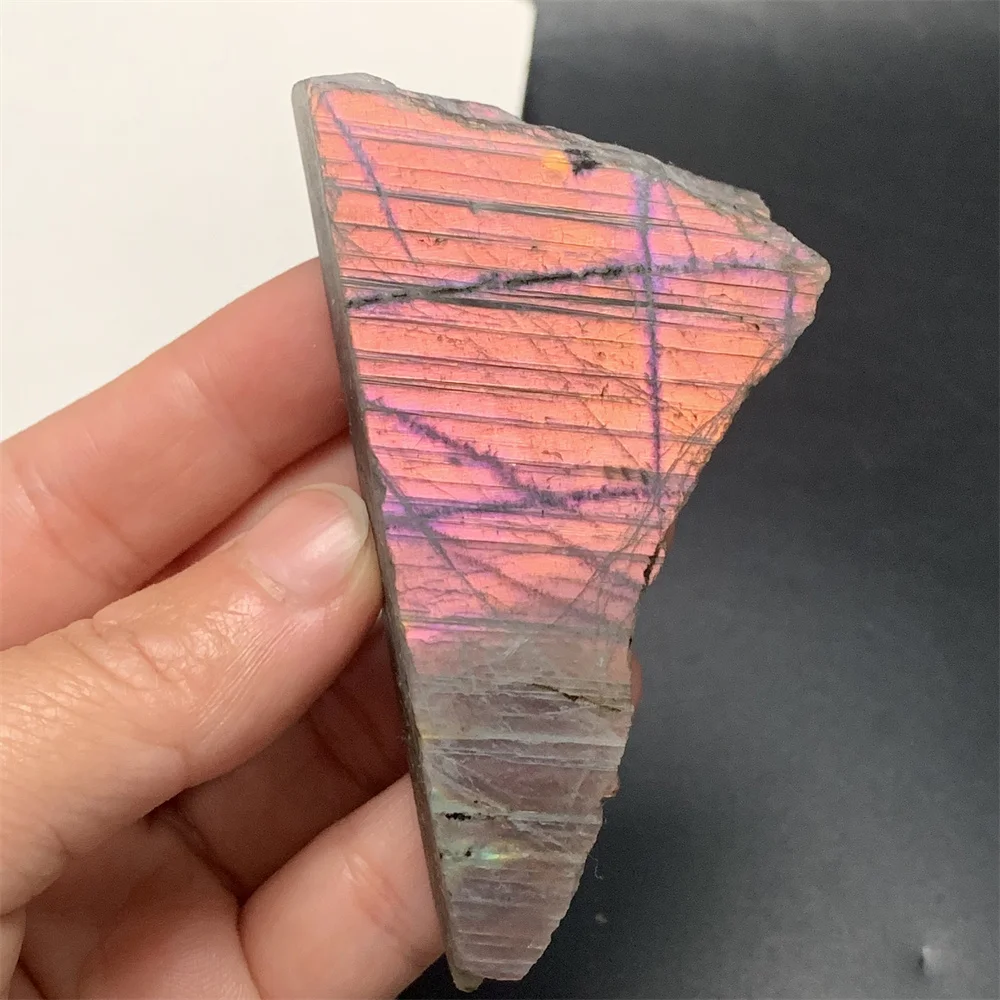 

Natural Rare Pink Light Labradorite Ornaments Purple Orange Light Labradorite Mineral Specimens Smooth Sliced Labrador Beads