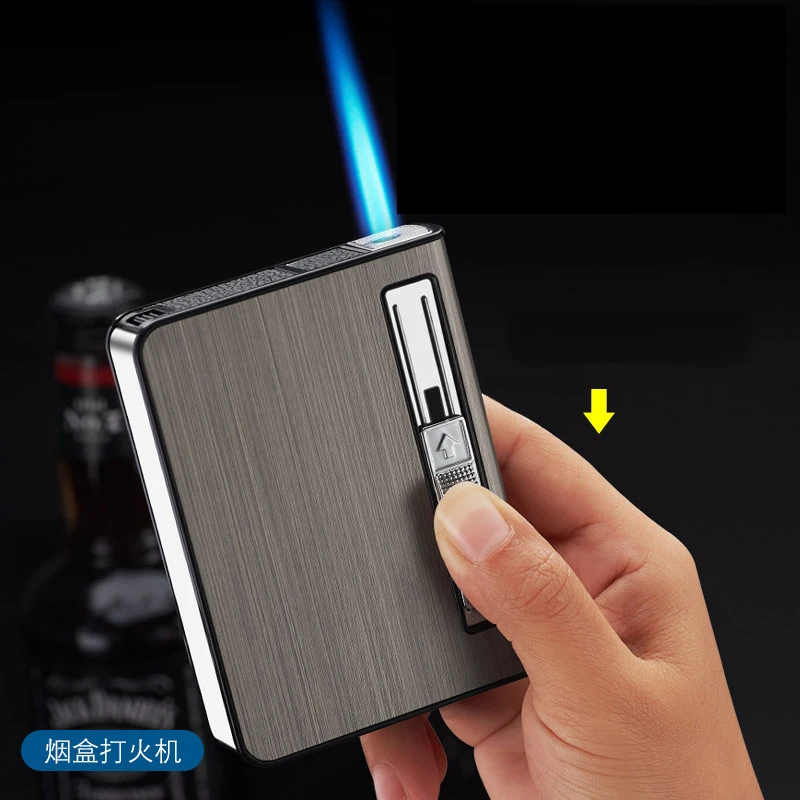 Automatic Metal Cigarette Case with Briquet Gas Inflatable Lighter Men\'s Cigarette Box 84mm Length Cigarettes 10 Packs