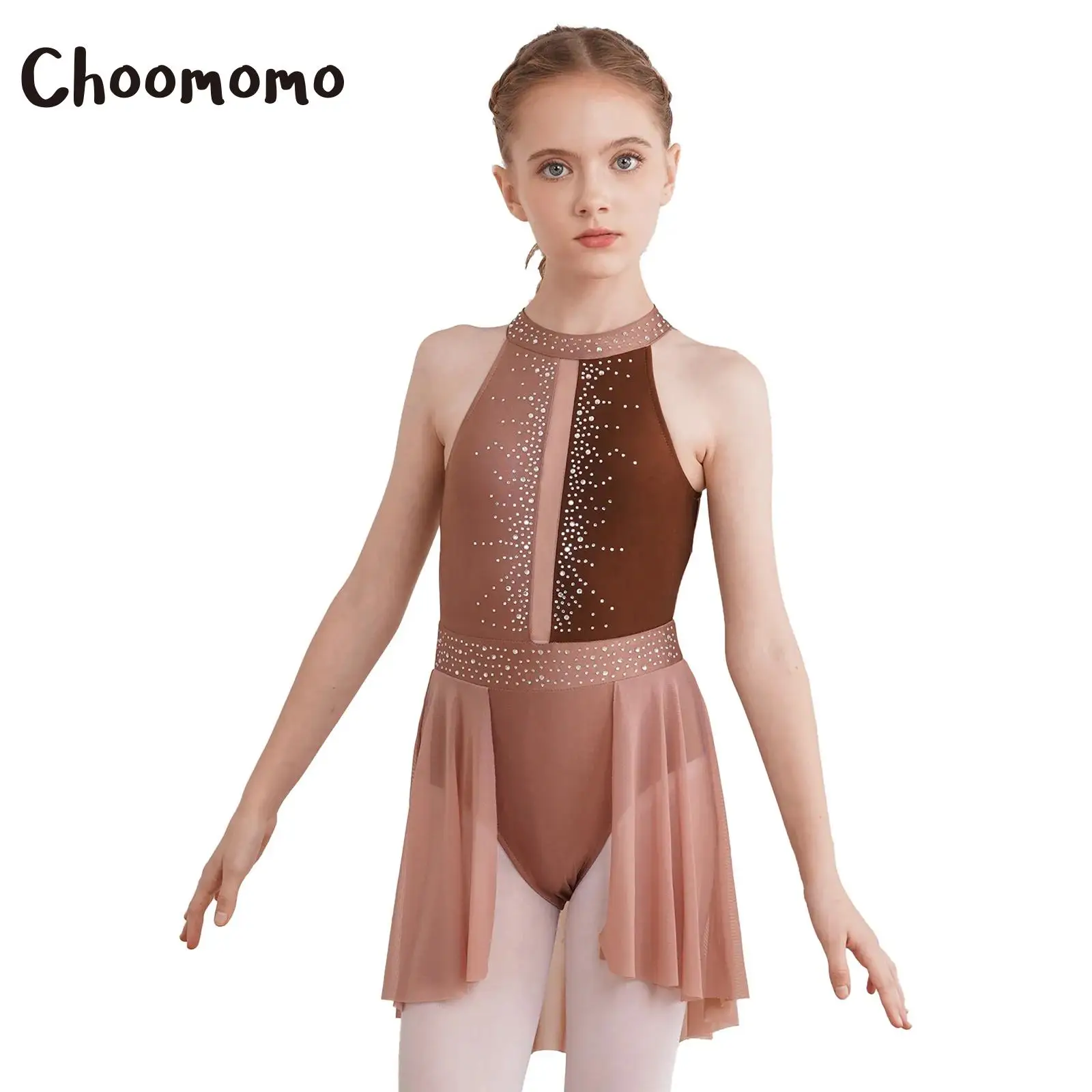 

Kids Girls Shiny Rhinestone Sleeveless Color Block Ballet Dance Dress Gymnastics Skirted Leotard Figure Ice Skating Costume