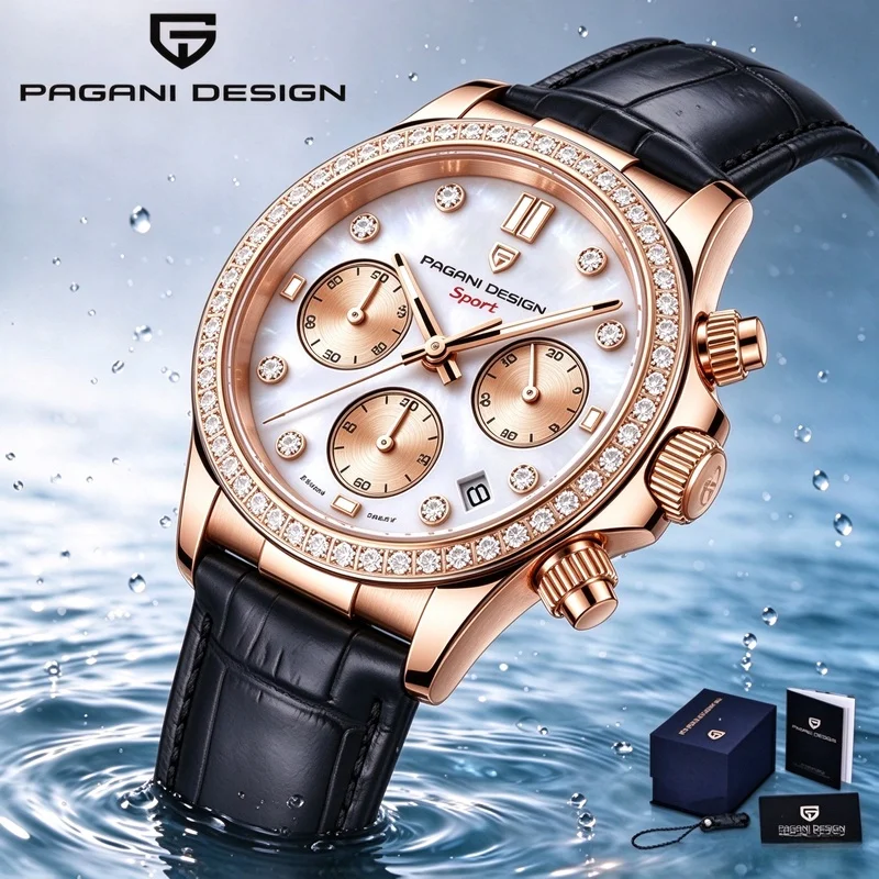Relógio de Pulso Feminino PAGANI DESIGN Cronógrafo de Quartzo Dourado Rosé Luxuoso com Safira e Aço Inoxidável Elegante Esportivo