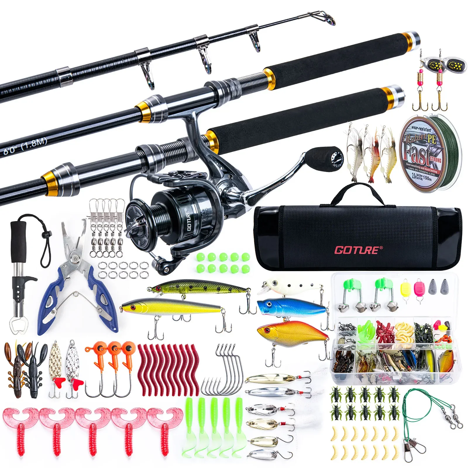 

Goture Fishing Rod Full Kits 1.8M 2.1M 2.4M 2.7M Telescopic Sea Pole and Spinning Reel Baits Set Tackle Travel Fishing Bag