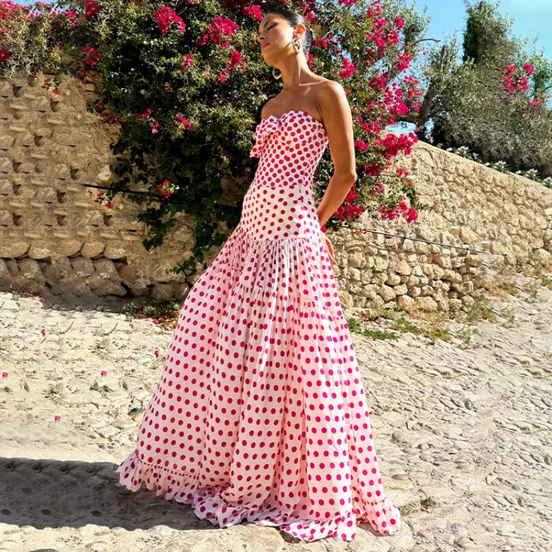 One Piece Swimsuit For Women Tube Top Small Fresh Polka Dot Print Valentine's Day Vacation One-piece Swimsuit Set Women's