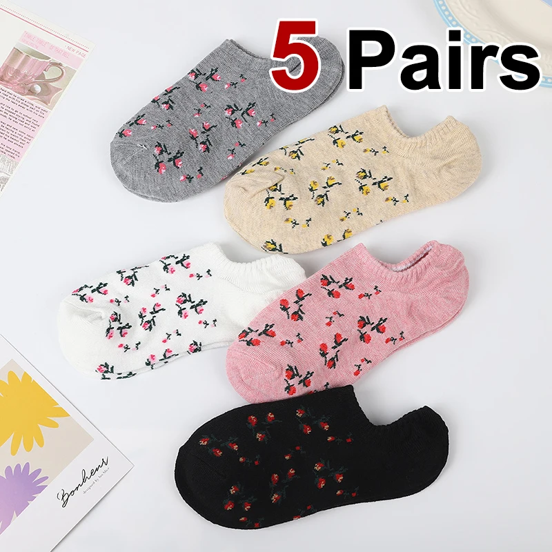 

5 Pairs Women Small Floral Pattern Summer Boat Socks Sweat absorption Breathable Sweet Floral Print Shallow Mouth Invisible Sock