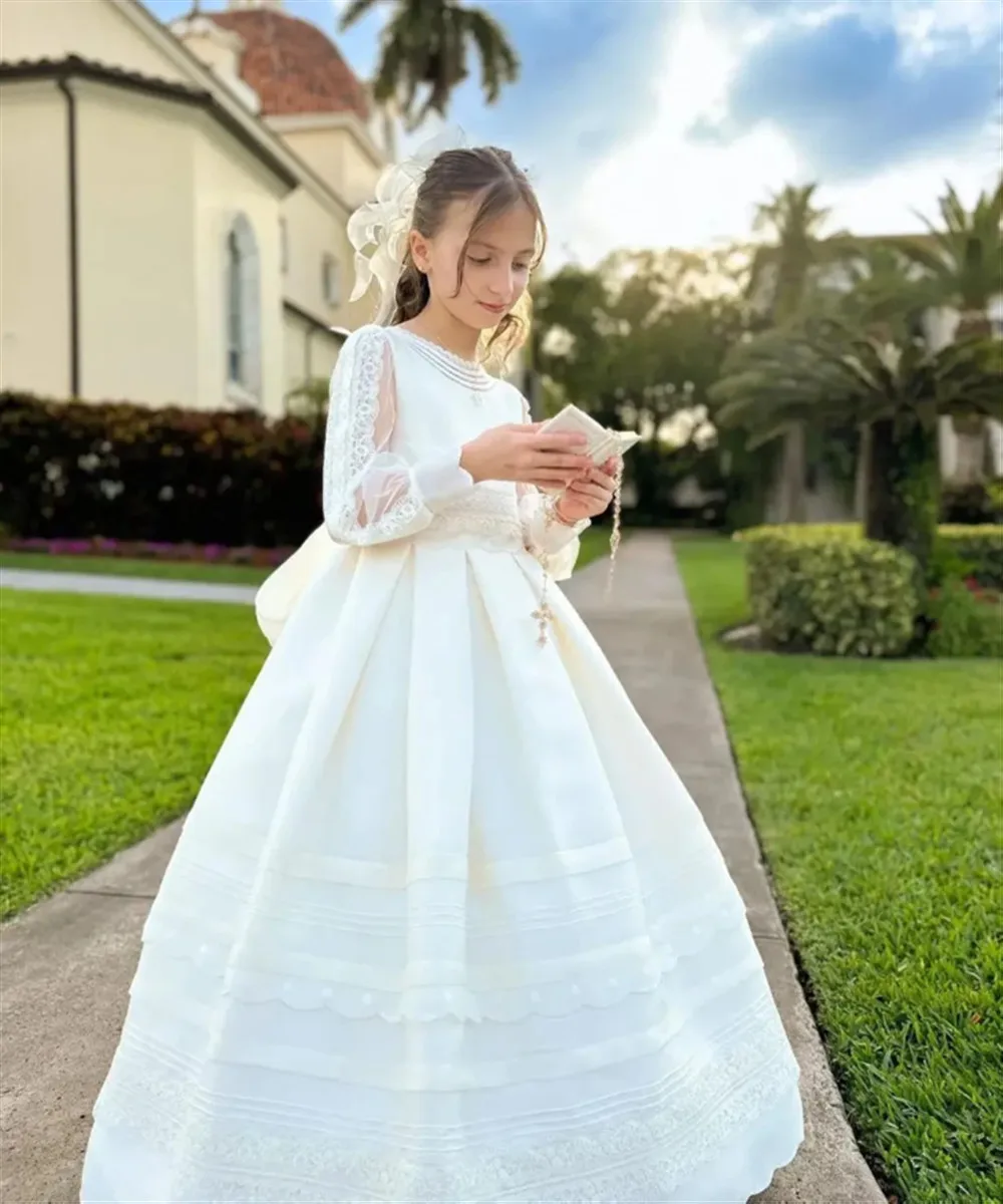

Elegant Flower Girl Wedding Dress Lace Bow Belt Long Sleeves Child Birthday Party Prom Dress Princess First Communion Ball Gown