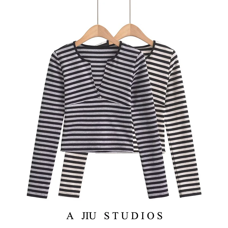 Seksowna amerykańska koszulka w paski, damska, wiosenno-jesienna, dopasowana, z długim rękawem, głęboki dekolt w serek, bazowa koszulka, czysta pokusa.