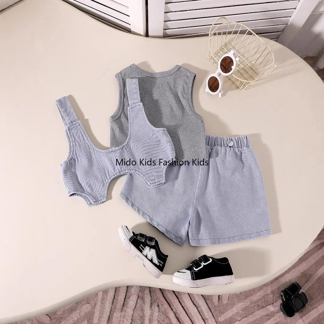 Fashion Kids Girls 3PCS Outfit, Sleeveless Ribbed Vest Top, Irregular Cami Vest & Denim Shorts Set for 4-7Y