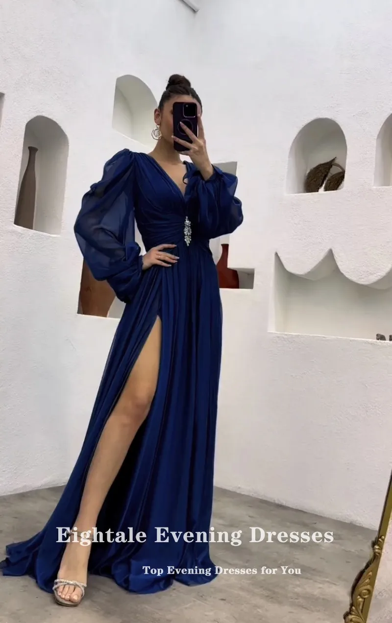 Eightale Navy Blue Evening Dress V-Neck Chiffon Long Sleeves Prom Party Dress High Slit Beaded Vestidos De Noche Ballkleider