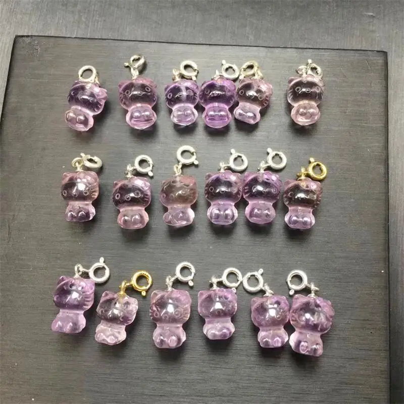 S925 Natural Amethyst Cat Pendant Crystal Carving Polishing Mature Charm Jewelry Birthday Present Holiday Gift 2PCS