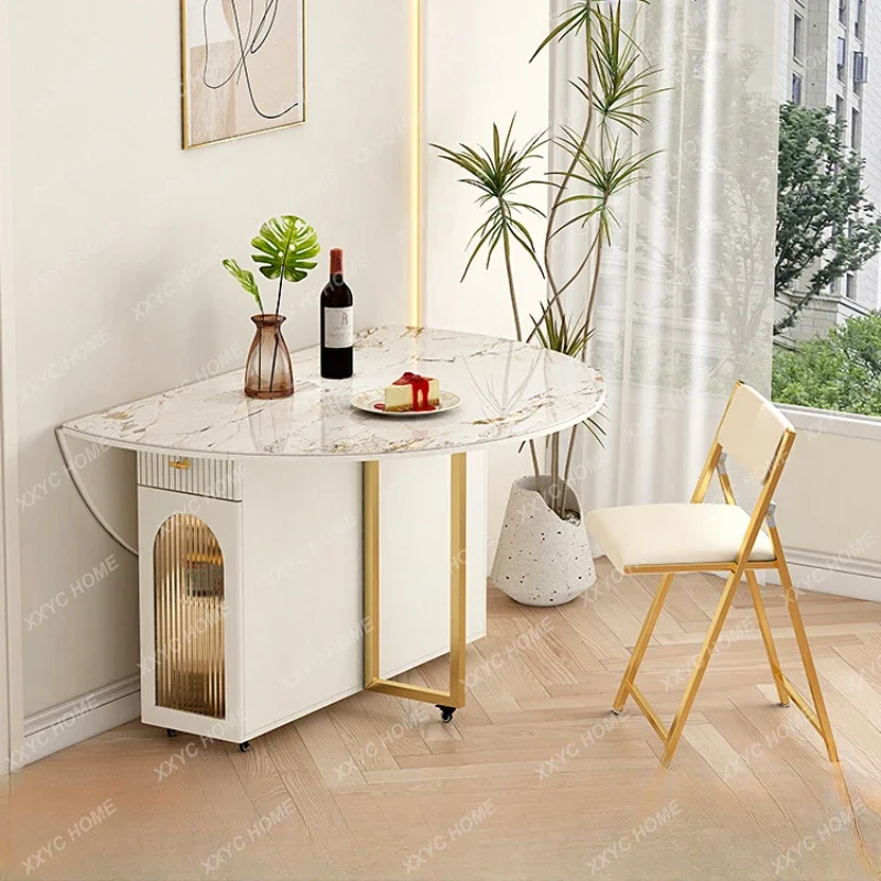 

Stone Plate Dining Table and Chair Household Modern Simple Retractable Rectangular Dining Table Storage Folding round Table