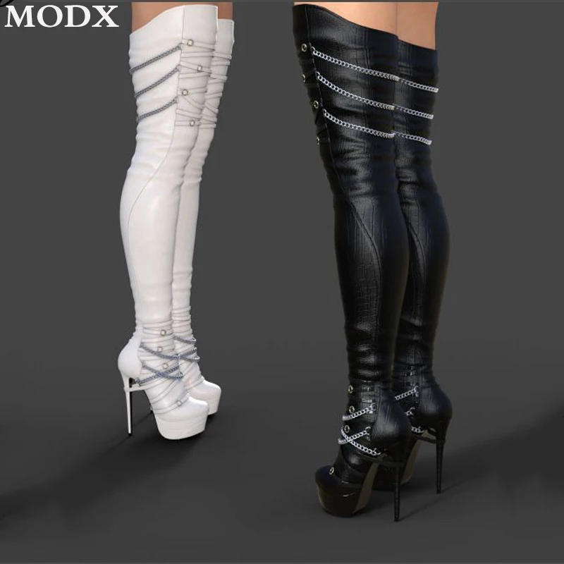 Chain Decoration Leopord Stretch Over-the-knee Boots Sexy Platform Round Toe Stiletto Street Stage Boots Fashion Party Shoes 42