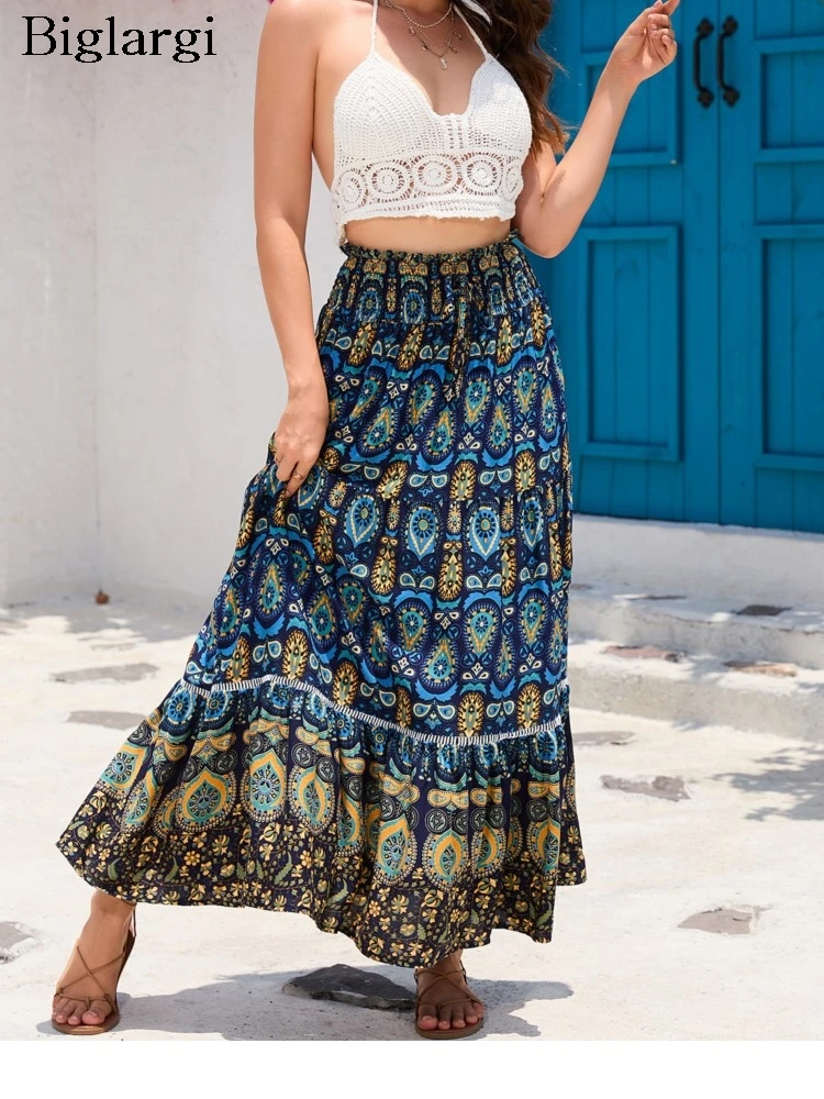 

Summer Skirt Women Floral Print Fashion Bohemian Style Ladies Skirts Loose Ruffle Pleated Elastic High Waist Woman Skirt