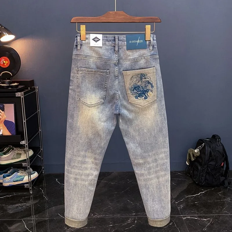 

Trendy Brand Retro Blue Jeans Men's Slim-fit Skinny Summer Thin Fashionable Casual Cropped Pants