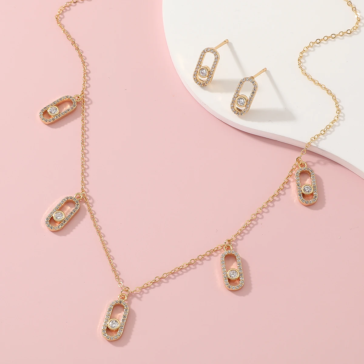 New Romatic Women Fashion Zircon Necklace Earring Set Geometic Design Luxury Wedding Party Jewelry Adjustable Necklace Accessory
