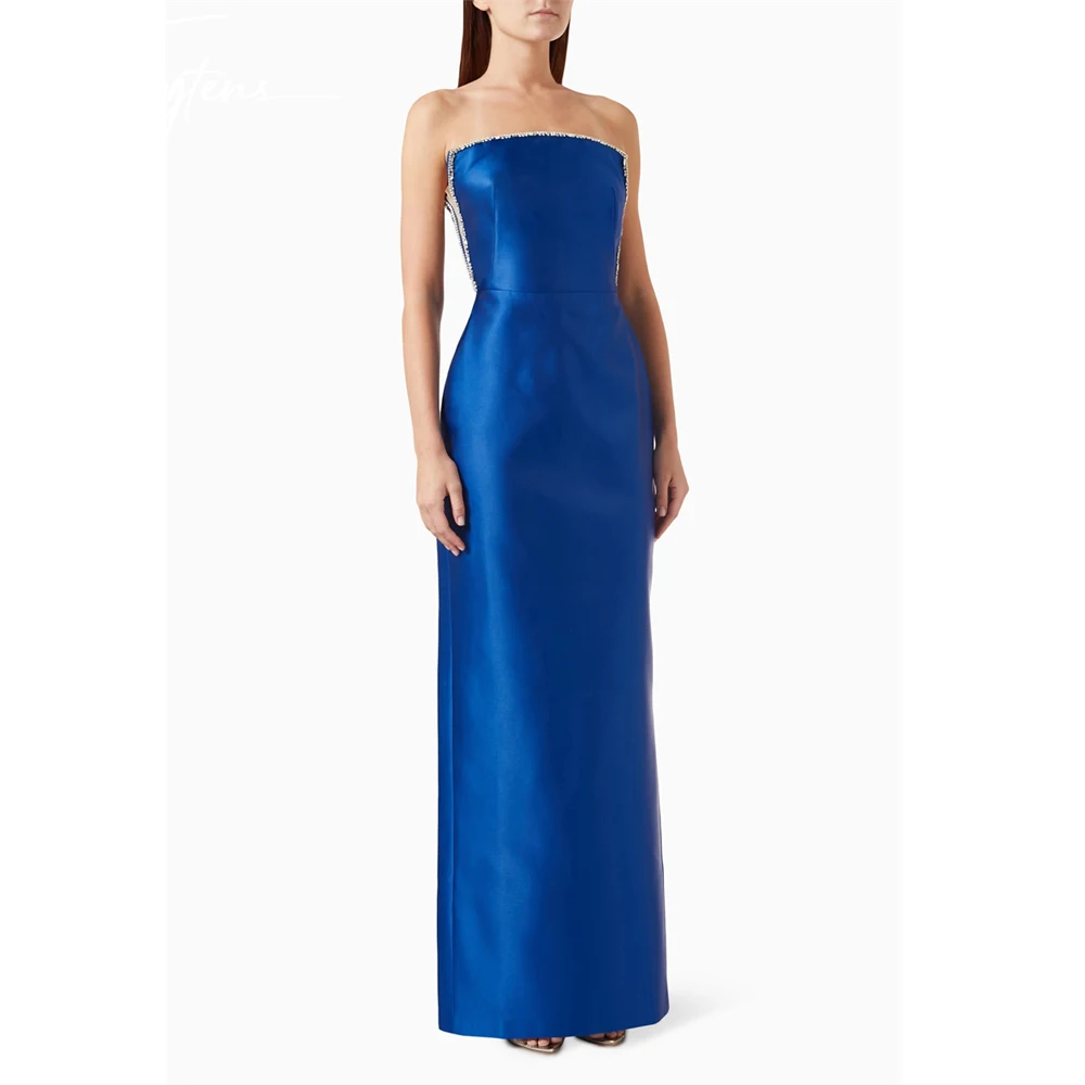 

Modest Royal Blue Stretch Satin Sheath Evening Dresses Sleeveless Dress Glitter Women Shiny Beaded Formal Party Prom Gown Custom