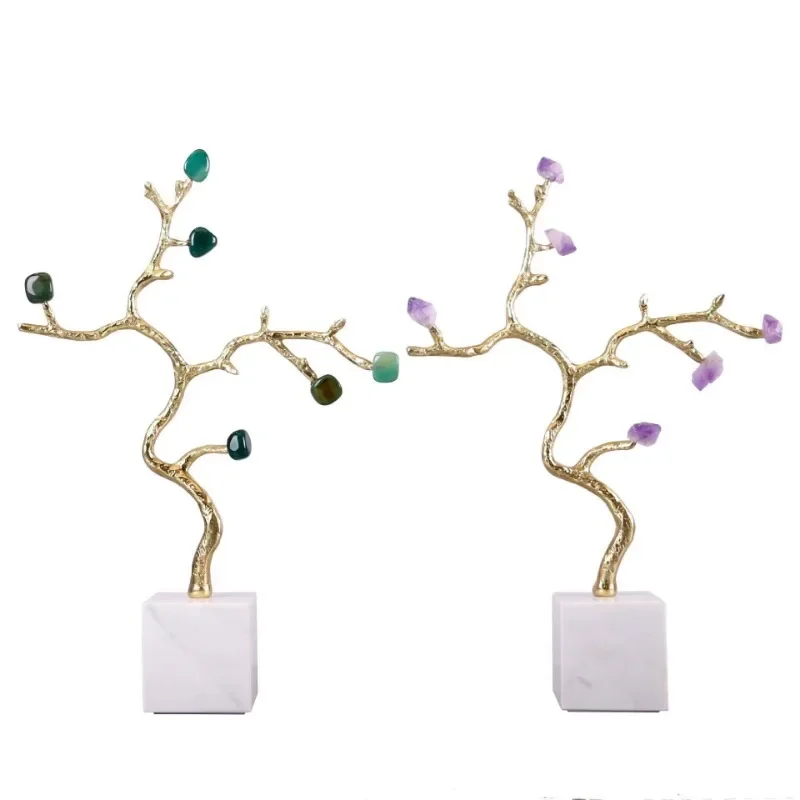 Albero in pietra di cristallo di lusso leggero, pietra di agata con base in marmo, ornamento, regalo per mobile TV.