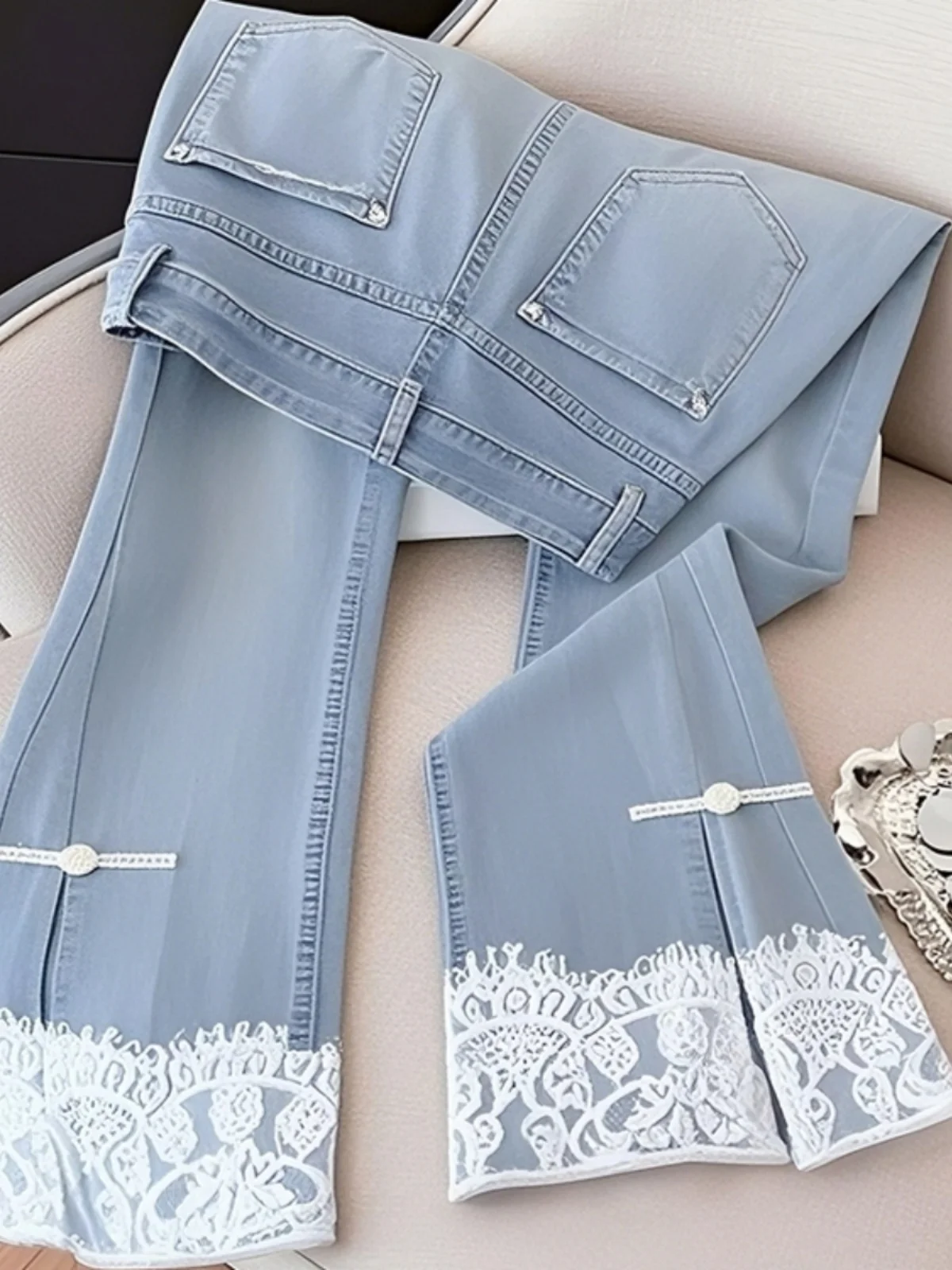 

New 2025 Light Blue Denim Wide Leg Pants Women's High Waist Lace Splicing Micro Flared Straight Long Trousers Chinese Style