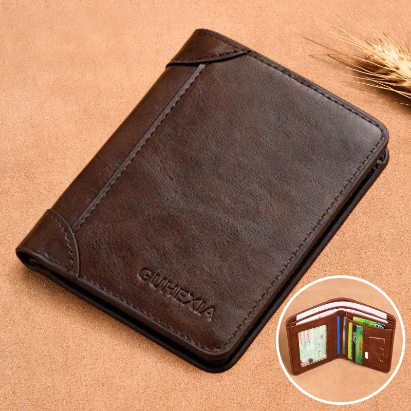 

Men Wallet Genuine Leather Rfid Blocking Trifold Wallet Vintage Thin Short Multi Function ID Credit Card Holder Male Purse Money