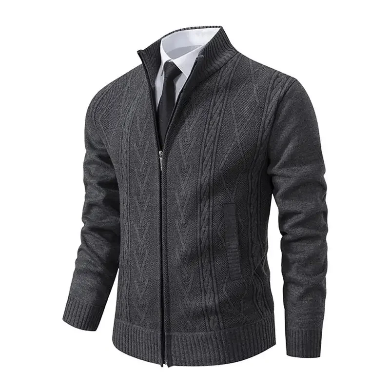 

2023 New Men's Autumn/Winter Cardigan Standing Neck Sweater Jacquard Coat Thickened Warm Casual Knit