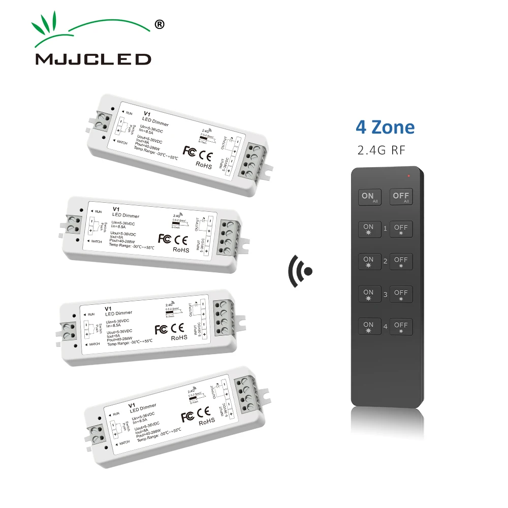 V1 LED Dimmer 12V 24V 36V RU4 4Zone Wireless Wifi 2.4G RF Remote Control Push Switch Dimming Kit for Single Color LED Strip Tape