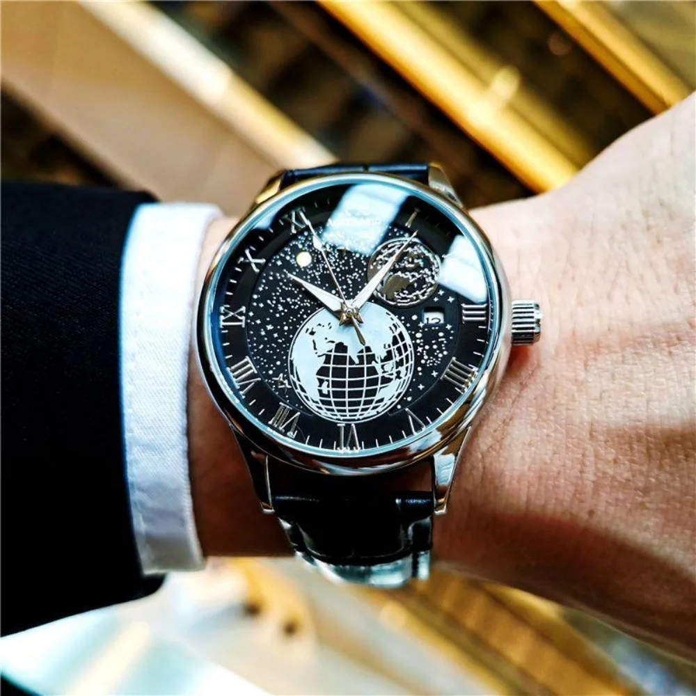 

Новые высококачественные деловые повседневные полностью автоматические механические часы для мужчин, часы Earth, водонепроницаемые, светящиеся, с календарем, стильные, крутые, элегантные мужские часы