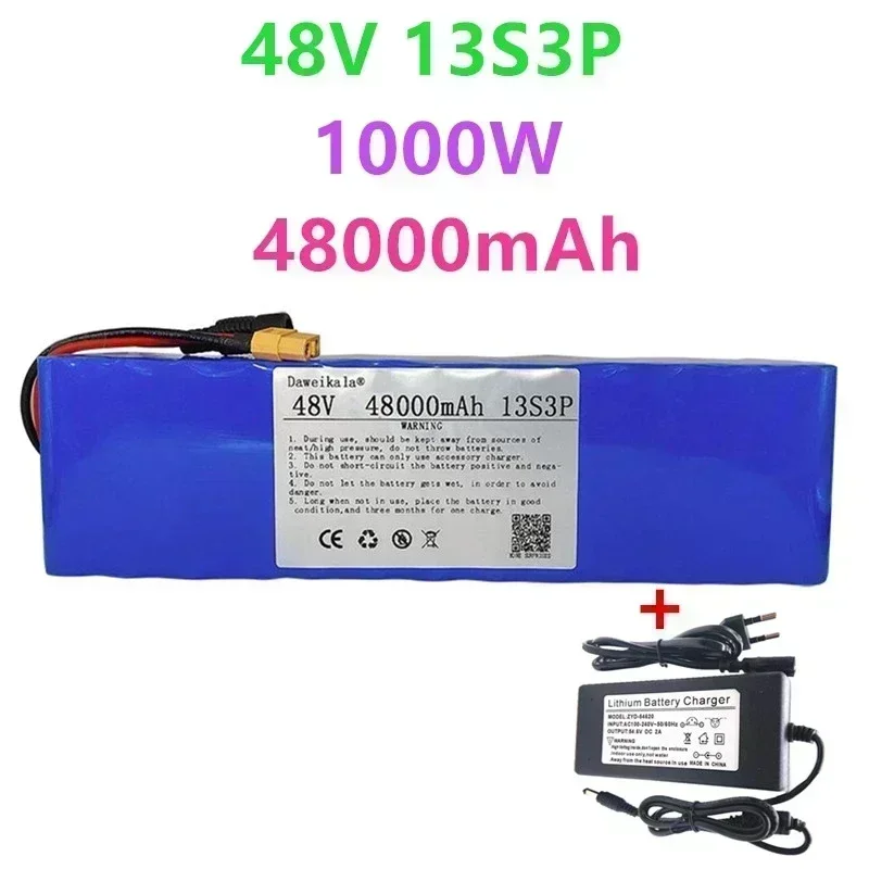 48V 100Ah 1000W 13S3P XT60 48V lithium-ion battery pack 100000mAh, suitable for 54.6V electric scooters with BMS+charger