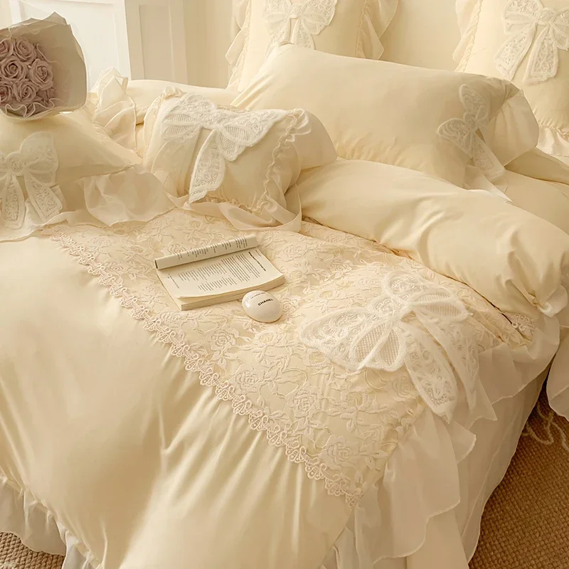 Korean Princess Wind Bedding Set Lace Bow Solid Color Beautiful Edge Lace Pleated Bedding Cover Luxury Girl Wedding Home Bed