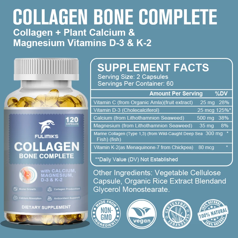 Collagen Bone Complete Capsules Plant Calcium & Magnesium for Bone Growth Collagen Calcium Absorption Antioxidant Support