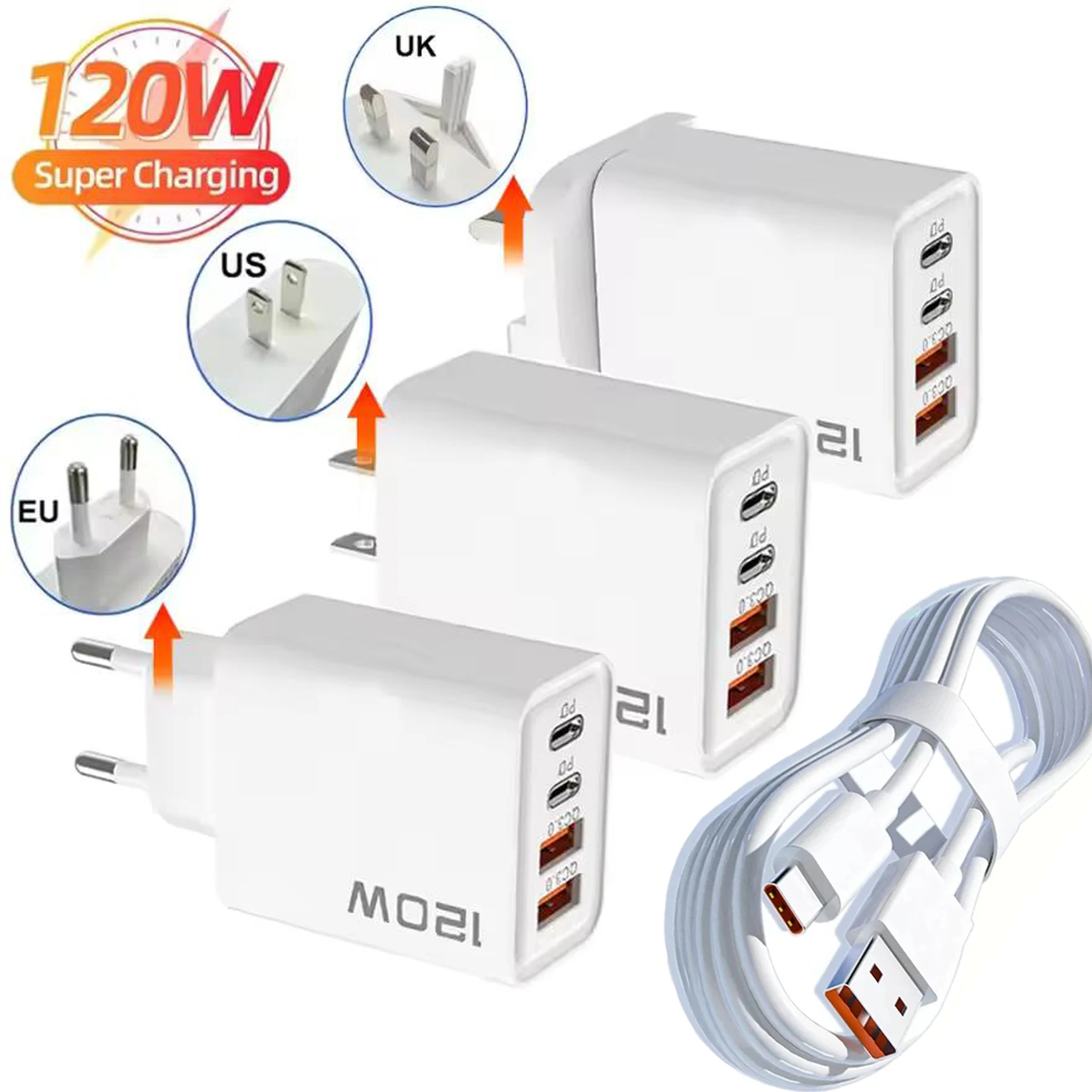 120W 4 Port USB C Charger PD3.0 Fast Charging Station Data Cable Wall Adapter For iPhone Samsung Xiaomi Redmi Huawei EU US Plug