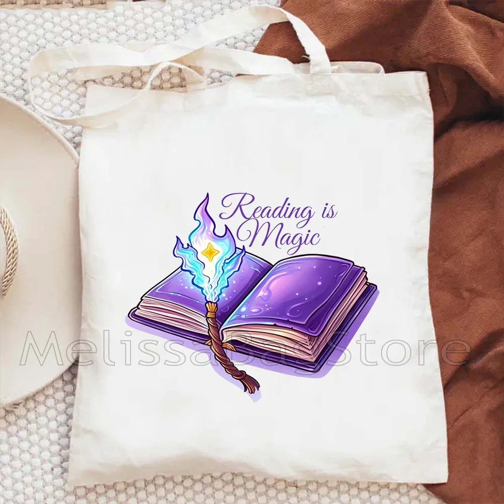 Women Canvas Library Reading Books Canvas Tote Bag Books and Tea Cup Shopping Students Cat Book Cotton Travel BOOKSHOP Handbag view 3