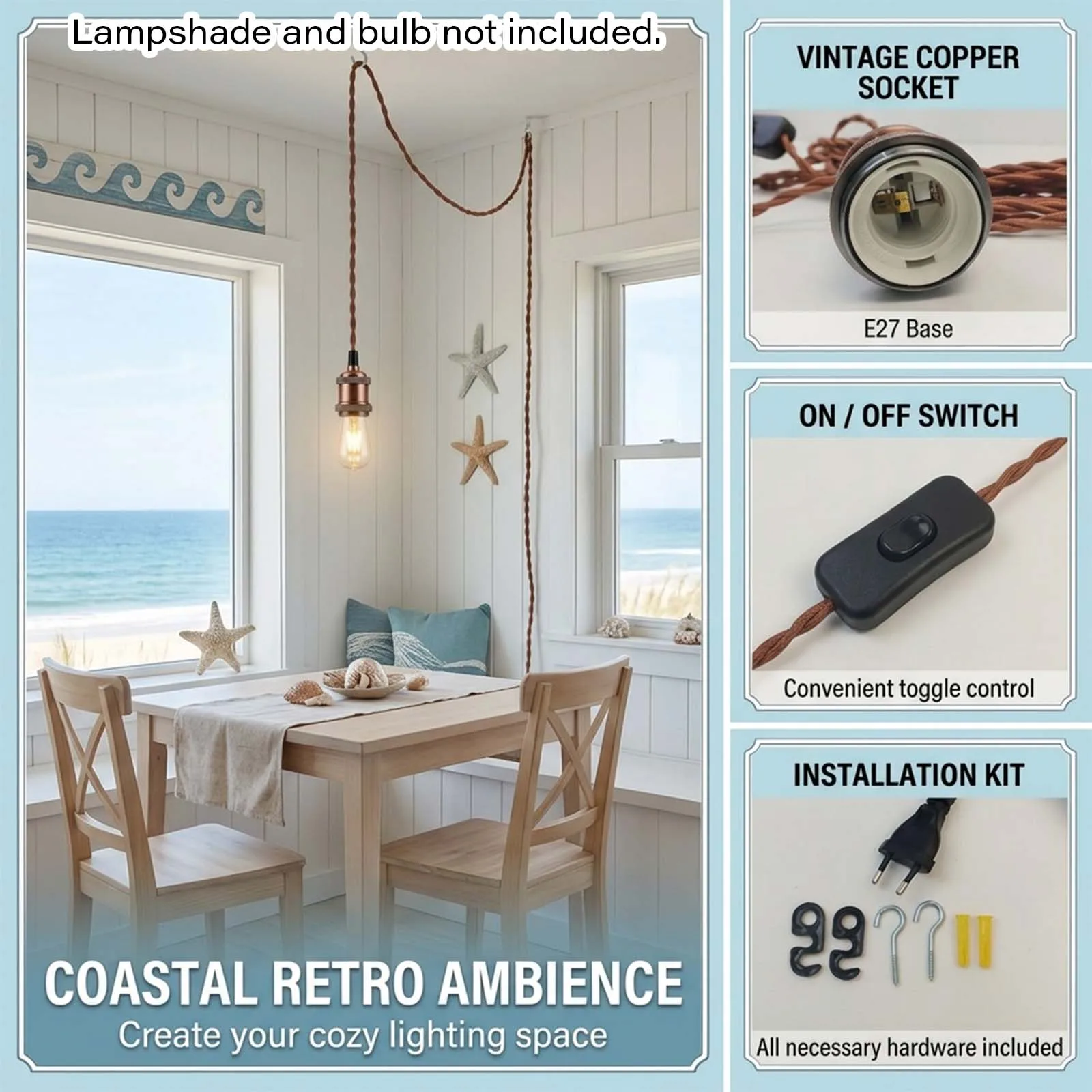 Lamp Cord Set, Deep Brown Braided Cable, Vintage Copper Socket, On Off Switch, EU Plug, Retro, Cafe Decor