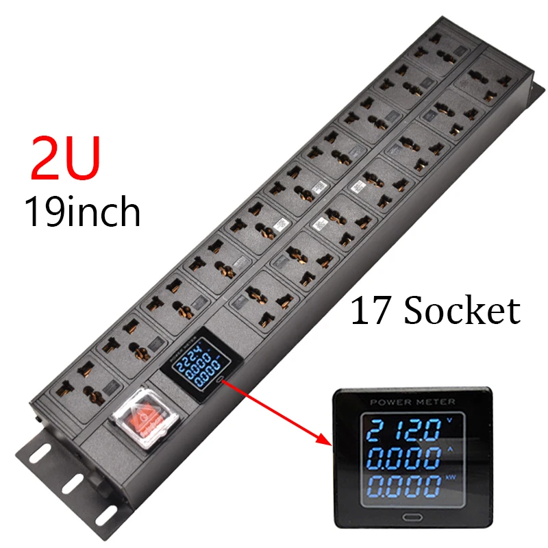 2U PDU Power Strip Distribution Unit Cabinet Rack Mount 17Ways Universal Outlets Break Switch display meter 2m Extension cord