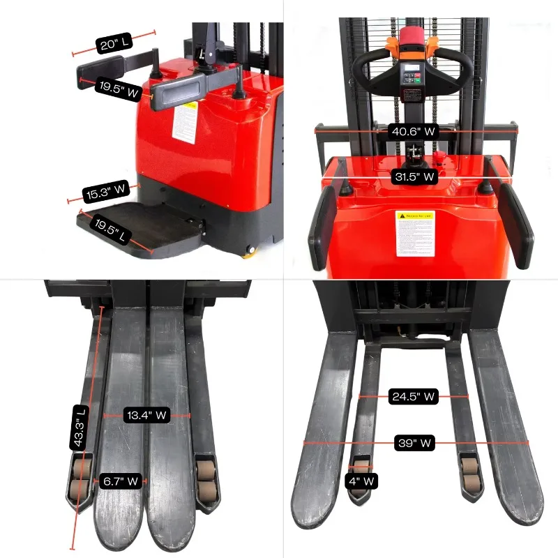 Full Electric Pallet Stacker 3300 Lbs Capacity 118 Lift Height Open Bottom Pallets 3 Hours Runtime 3-Year
