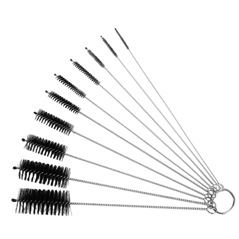 34YA Tube Cleaning Brush Set 10 Piece Assorted Diameter, 20 Wire Stem Brush Heads for Small Holes, Fittings, Crevices and