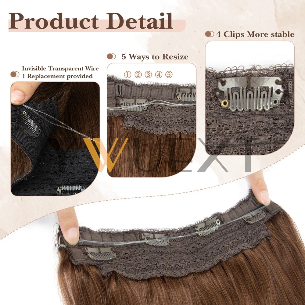 Brown Clip In One Piece Human Hair Extensions with Adjustable Fish Wire 12-24 Inches Halo Hair Extensions Flip Ins 60-100g