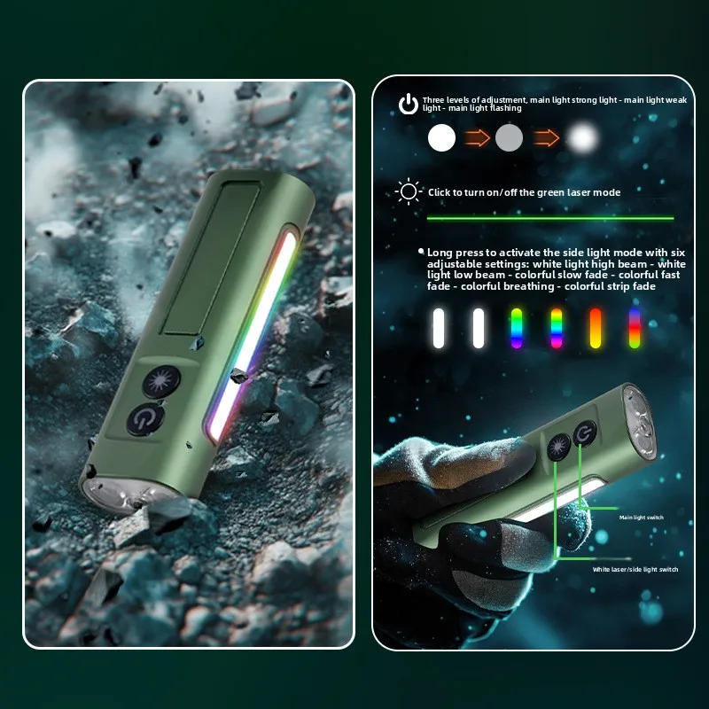 EDC Green Laser Multi-Function Flashlight with Magnetic Adsorption, Side Light & High Brightness (Aluminum Alloy)