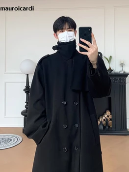 Men's Long Oversized Wool Blend Overcoat 4 Mauroicardi Autumn Winter Long Oversized Windproof Black Warm Woolen Coat Men Sashes Double Breasted Wool Blends Overcoat 2023 4
