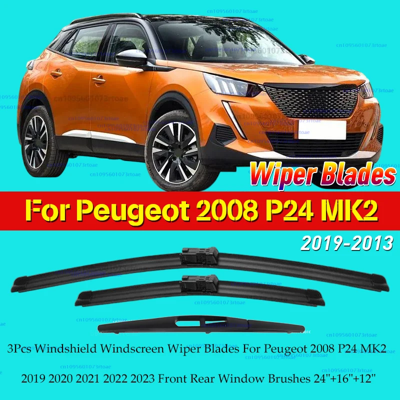 

3Pcs Windshield Windscreen Wiper Blades For Peugeot 2008 P24 MK2 2019 2020 2021 2022 2023 Front Rear Window Brushes 24"+16"+12"