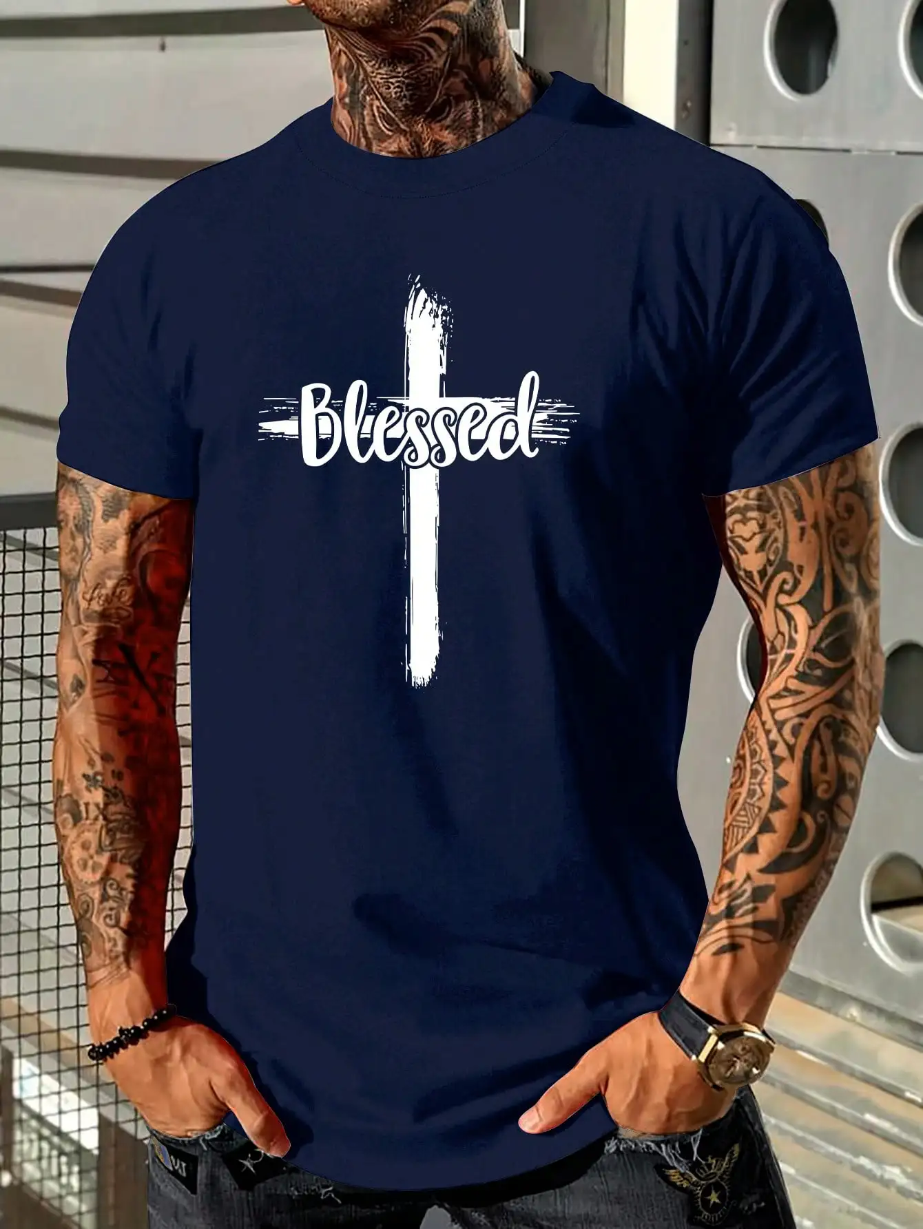 Vintage Style Manfinity LEGND Christendom Jesus Blessed Men Women Unisex Cross & Letter Print Casual Wear T-shirt