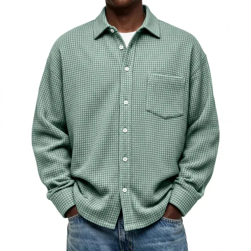 

Men's Vintage Waffle Knit Plaid Long Sleeve Shirt Casual Loose Fit Button Down Shirt