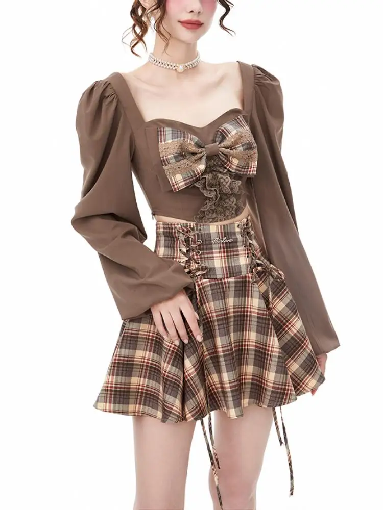 Korean Style Sweet Two Piece Set Women Bow Elegant Plaid Skirt Suit Autumn 2022 Long Sleeve Blouse + Japanese Party Mini Skirt