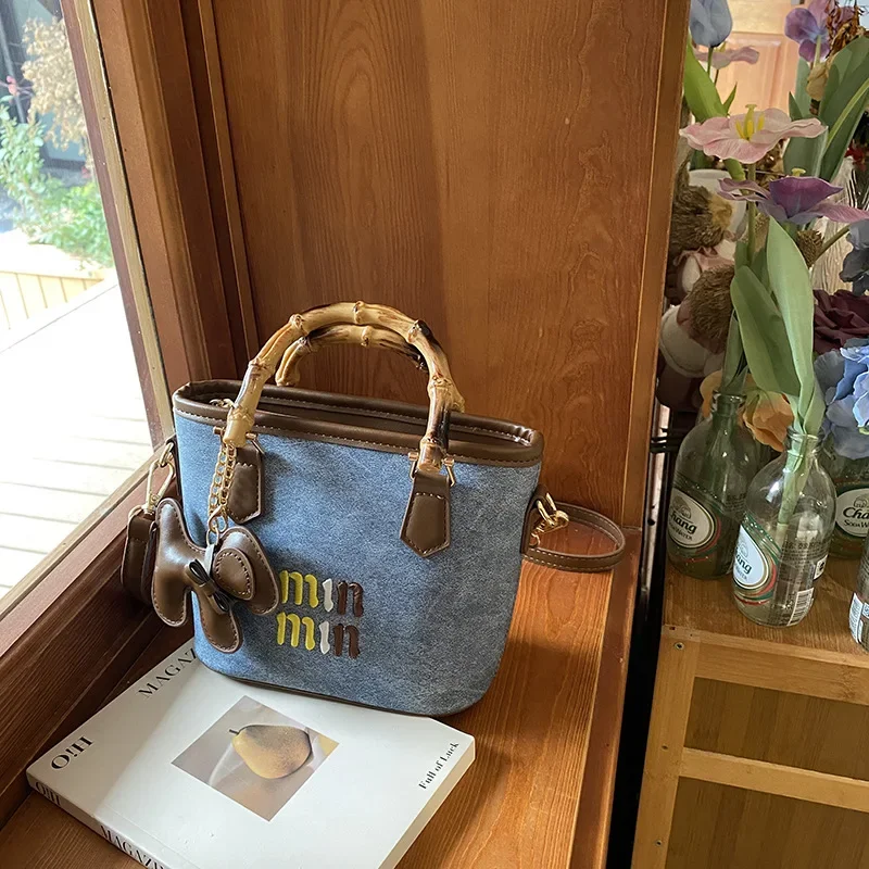 

2025 Eco-Chic Bamboo Bucket Bag Women's Artisan Crossbody Tote Color Block Travel Purse