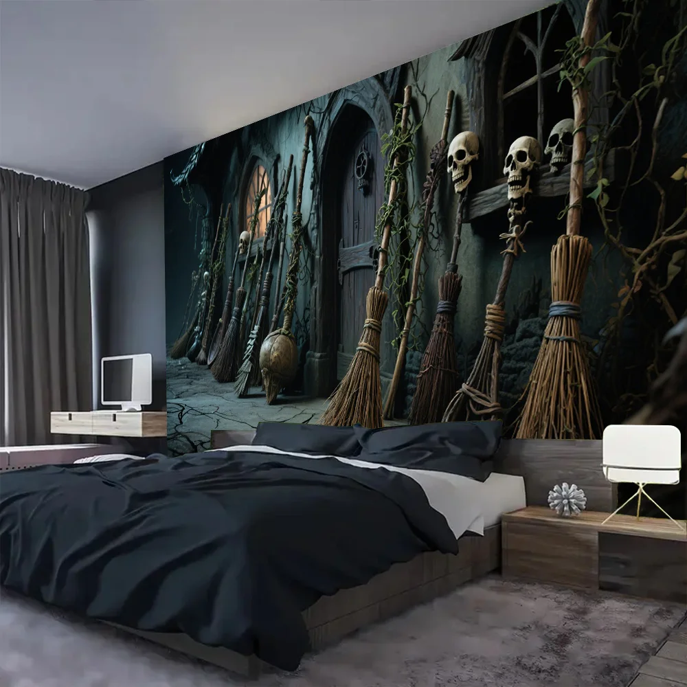 VIKAMA Halloween Gothic Wall Tapestry Vine Witch Broom Skeleton Castle Dark Withered Magic Ghost House Wallcloth Party Decor