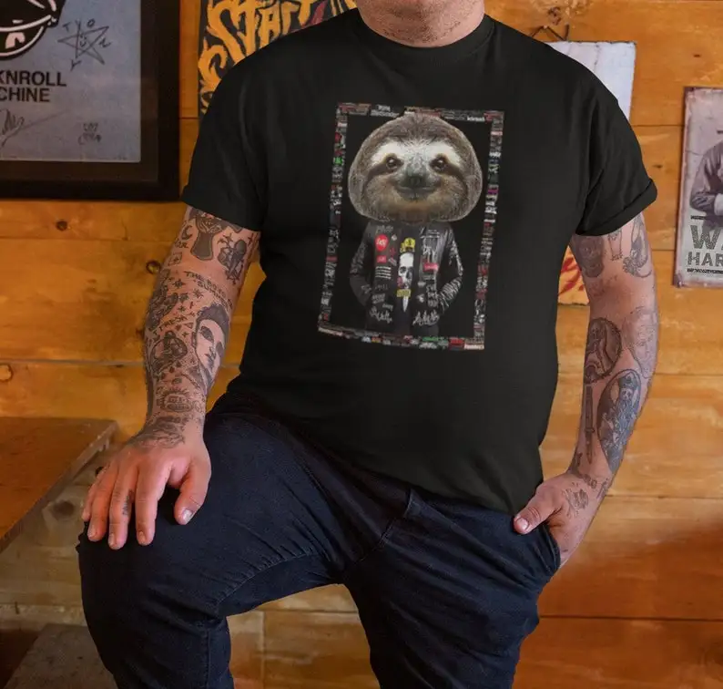 Cute Sloth T-Shirt, Funny Sloth Shirt, Punk Sloth Shirt, Unisex Animal Portrait, Metalhead Animal, Rock and Roll Shirt