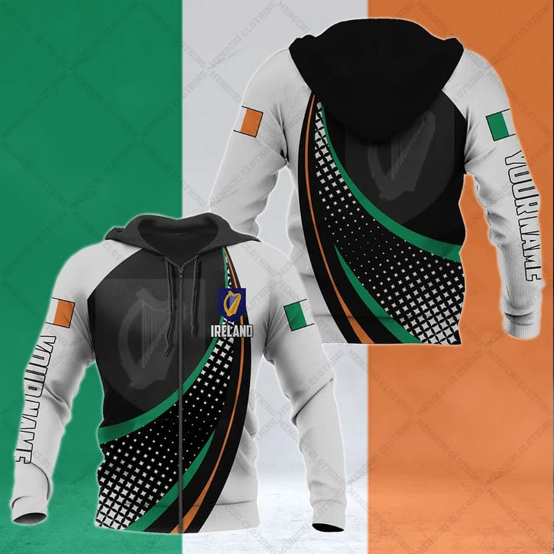 

Custom Name Ireland Emblem Zipper Hoodies Loose Unisex Oversized Sweatshirts Winter Casual Streetwear Tops Pullover