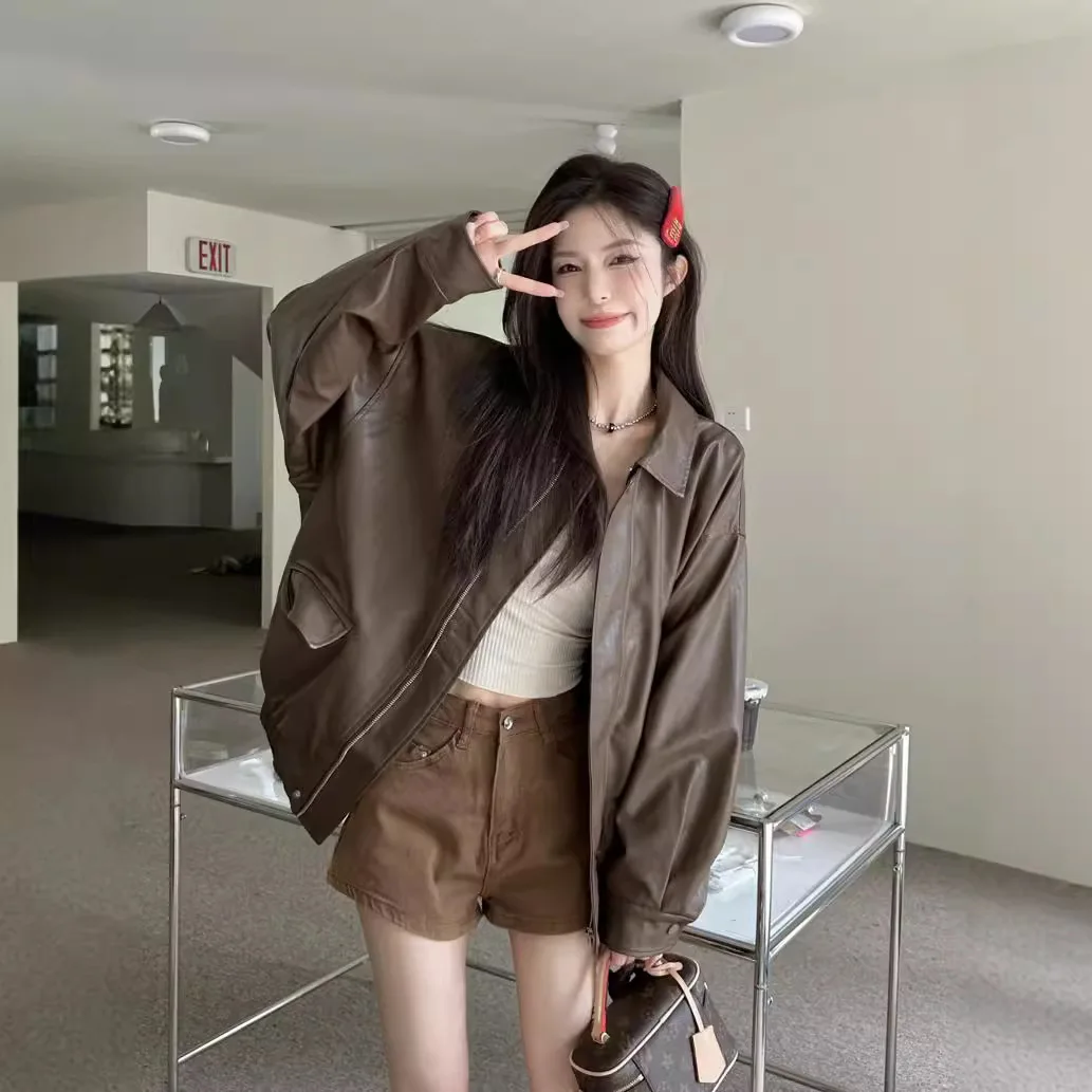 Jaet de couro retrô americano feminino primavera outono bla doce legal motocicleta couro pu solto ajuste longo sve top