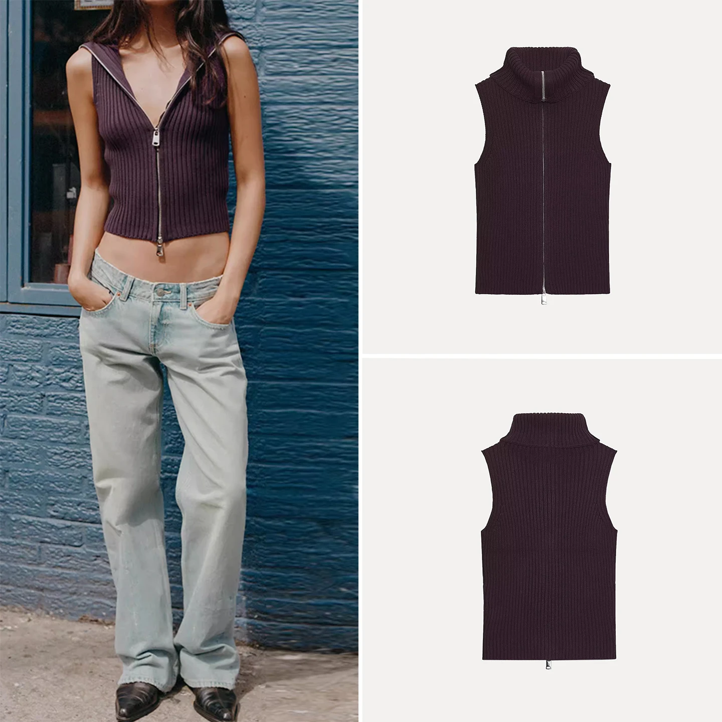 

Модный вязаный жилет в рубчик на молнии, топ, женская одежда, облегающая верхняя одежда, обычная длина, без накладки на грудь, китайское производство