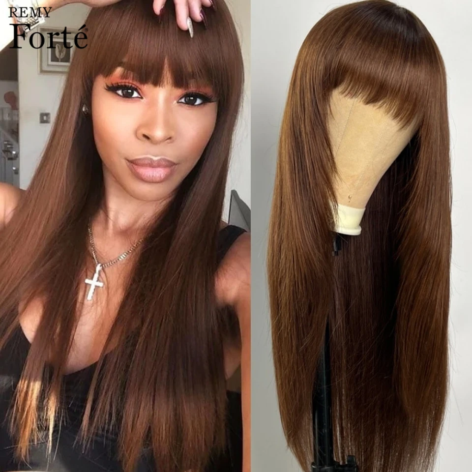 

Remy Forte Dark Brown Human Hair Wigs With Bangs Full Machine Made Wigs 180% Density Colored Human Hair Wigs With Bang For Women