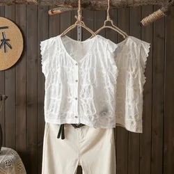 Boho Inspired blouse women tops chic hippie bohemian v neck white beige embroider shirts and blouses lace patchwork vest