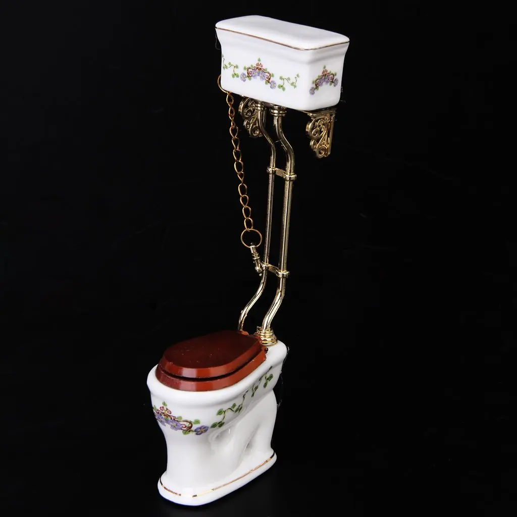 Vintage Victorian Style Bathroom Porcelain Toilet Doll House Miniature White + Gold